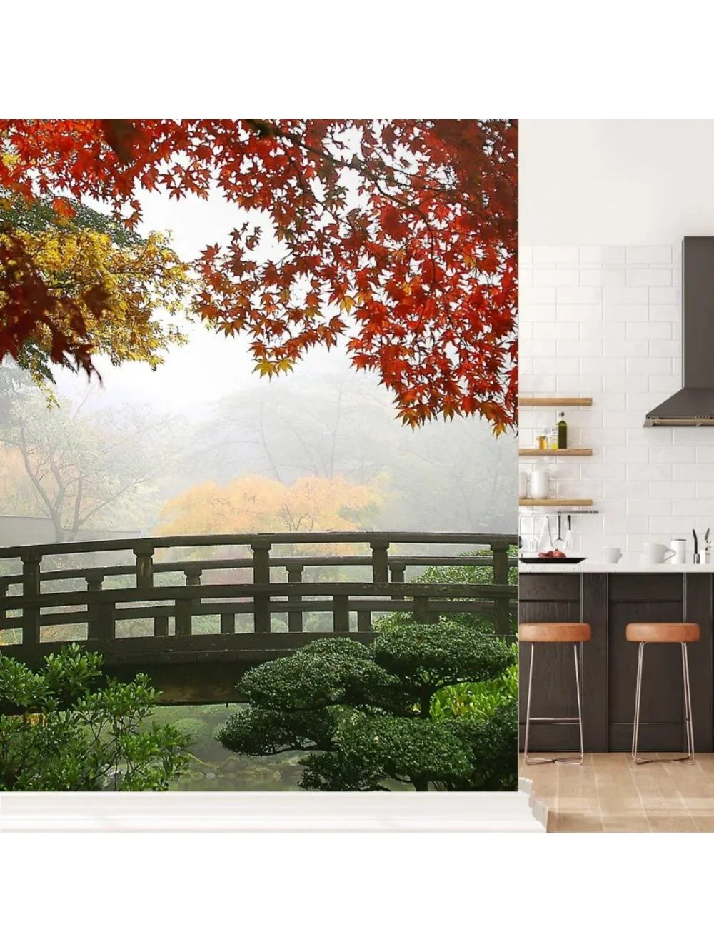 Large Removable Wall Mural - Misty Fall Morning in Japanese Gardens, 108x72